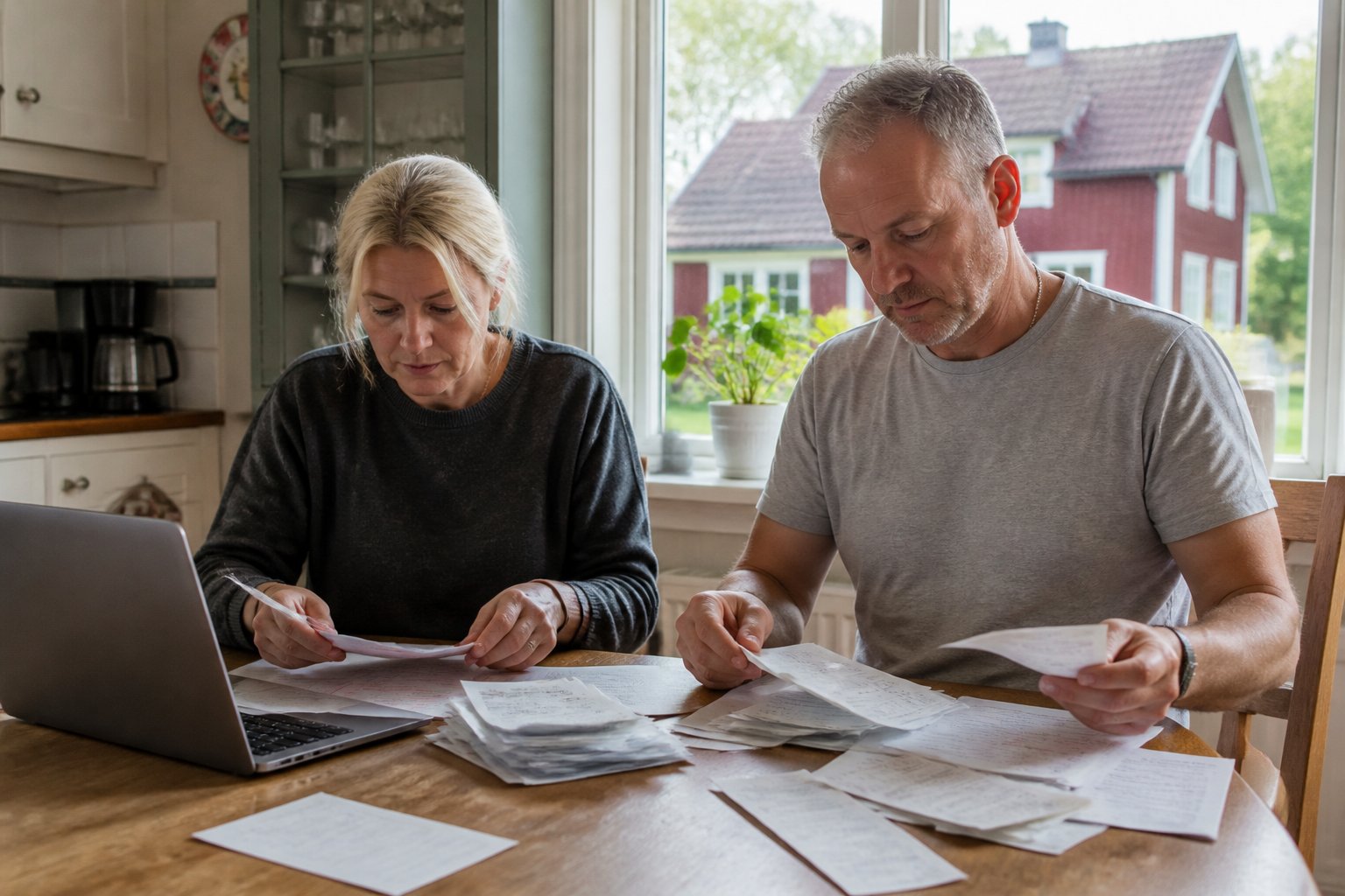Par sorterar kvitton för renoveringar inför deklarationen av husförsäljningen, med rött trähus utanför fönstret
