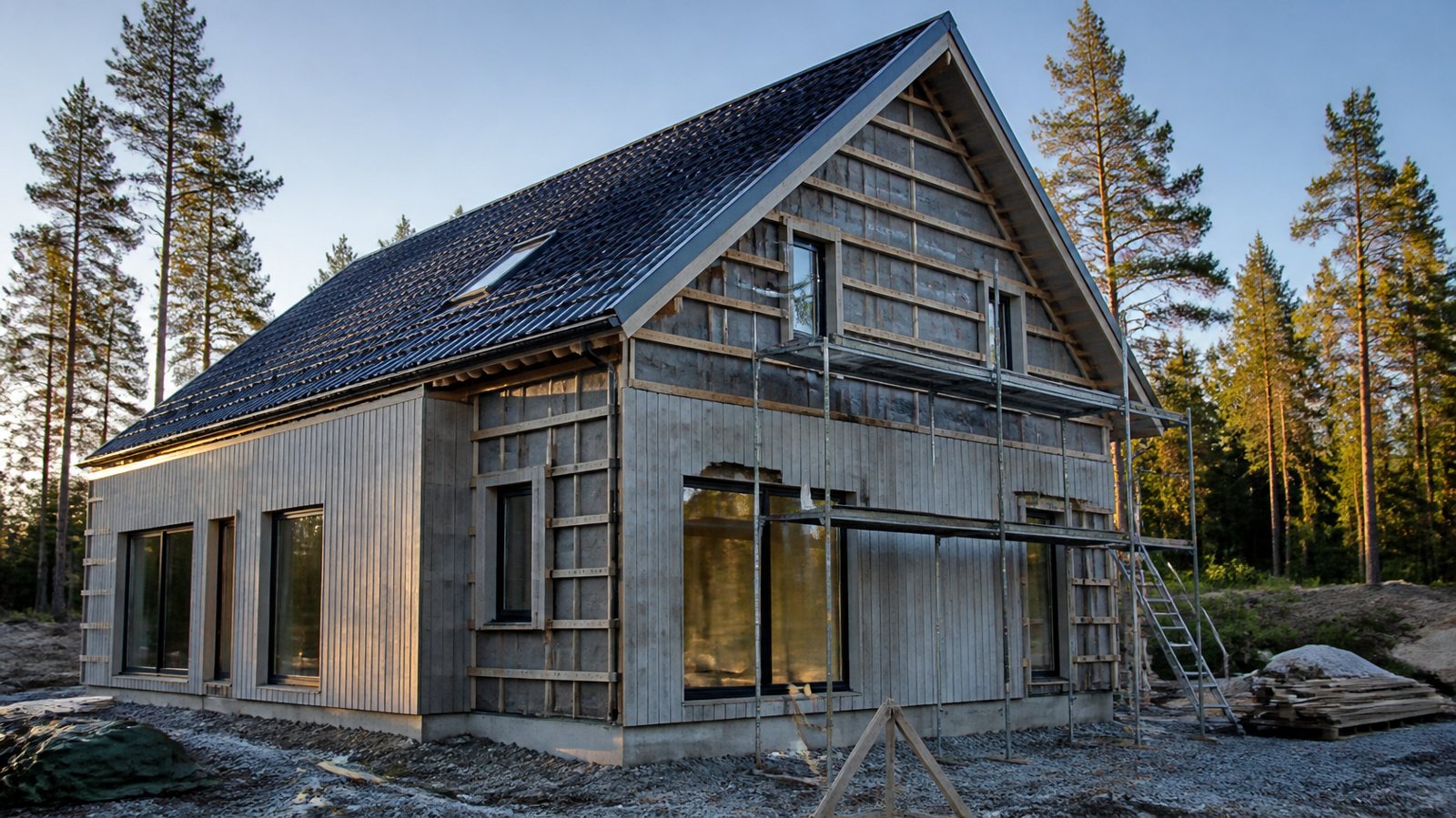 Nytt trähus under uppförande med byggställning och svart tak bland tallar i Sverige