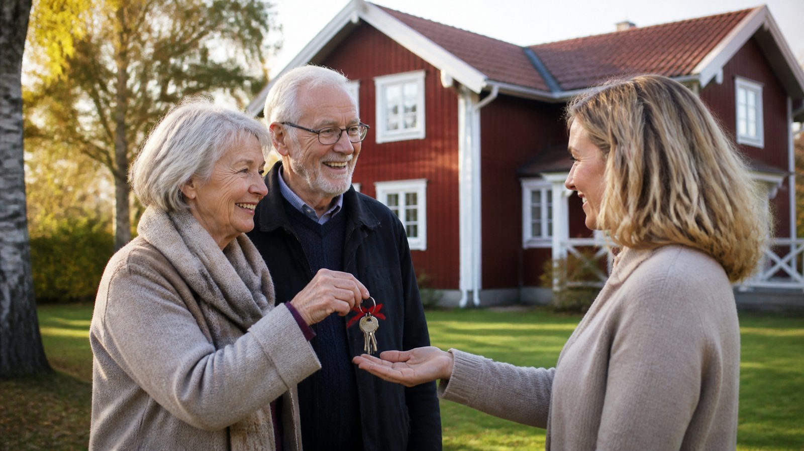 Äldre par lämnar över husnycklarna till sin vuxna dotter framför en röd svensk trävilla – ge bort hus i gåva