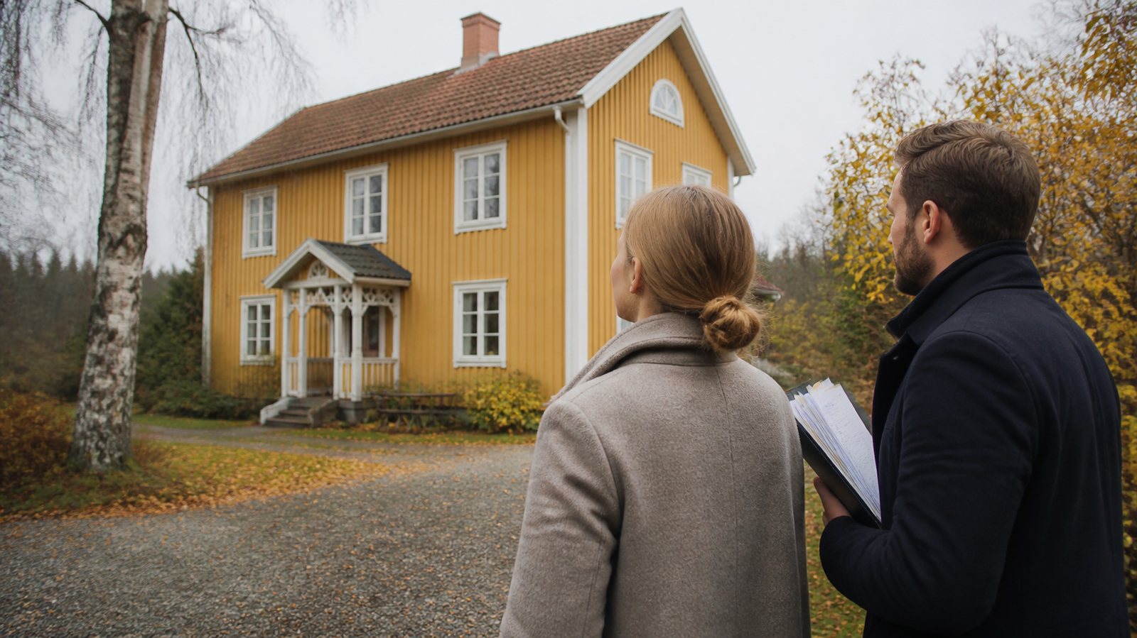 Två syskon står framför ett gult trähus en höstdag, det ena håller en pärm med handlingar