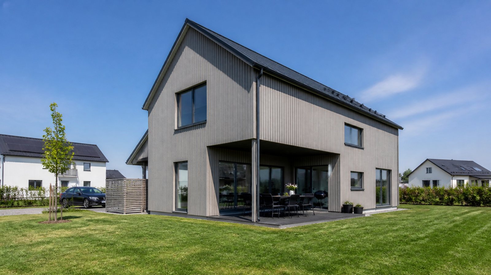 Nybyggt hus med grå träfasad på en nybildad tomt i ett nytt bostadsområde
